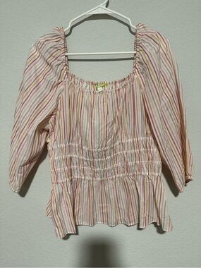 Gianni Bini Pink Multi-Stripe Peasant Blouse size L NWOT